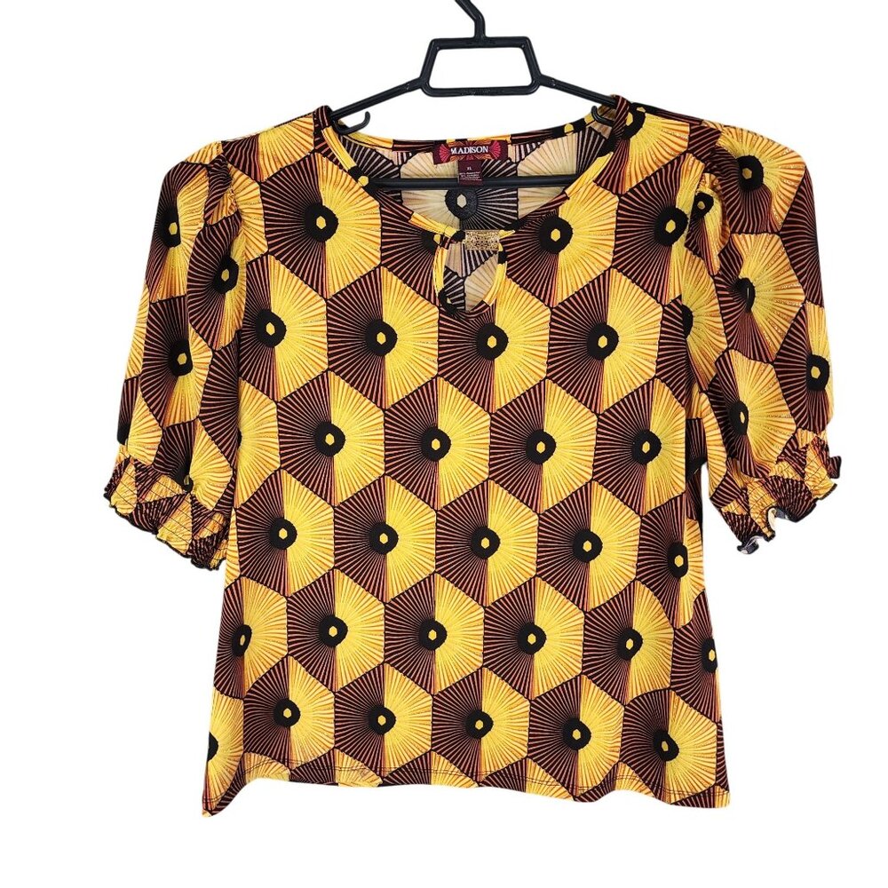 Womens Yellow Black Madison Geometric Patterned Top Puff Sleeve Keyhole Neck XL